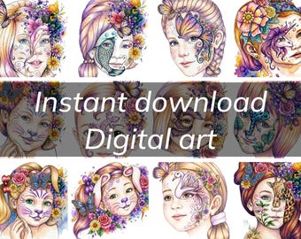 Floral Fantasy Girl Portrait – Whimsical Butterfly Children Art (Digital Download)