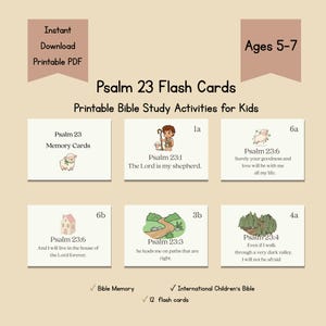 May include: A set of Psalm 23 flash cards for kids featuring illustrations of a shepherd, sheep, a house, a path, and a forest. The cards include text such as Psalm 23:1, The Lord is my shepherd, and Psalm 23:6, Surely your goodness and love will be with me all my life.