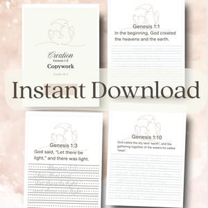 Puede incluir: Un conjunto de cuatro hojas de trabajo educativas blancas con dibujos lineales de la tierra y versículos bíblicos del Génesis. Las páginas incluyen texto como Creation, Genesis 1-2, Copywork, Grades K-6, Genesis 1:1, Genesis 1:3 y Genesis 1:10.