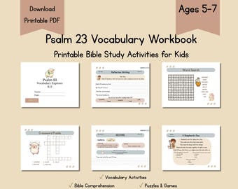 Christliche Sprach-Kunst-Arbeitsbuch Psalm 23 Wortschatz Alter 5-7 Schreibpraxis Bibelstudie Wortarten Arbeitsblätter Kinder Englisch