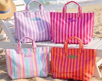 Personalisierte wasserdichte gestreifte Strand-Einkaufstasche, benutzerdefinierte gestickte Name Pool-Tasche, Sommerferien Tragetasche Handtasche für Mutter Oma Mädchen