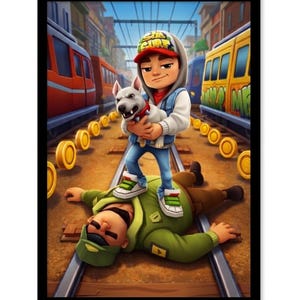 May include: Illustration of a character from the Subway Surfers game standing on a man lying on train tracks, holding a white dog. The character wears a red cap, blue jeans, and a denim vest. Gold coins and colorful trains are in the background.