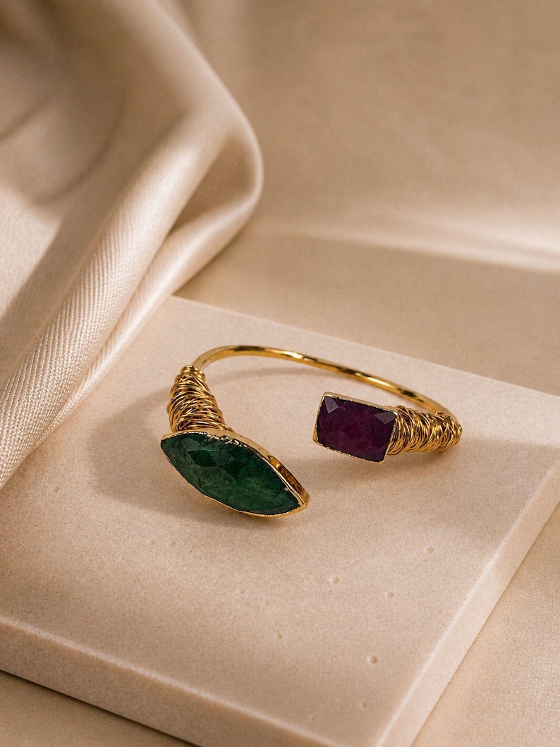 Raw Emerald & Ruby Adjustable Cuff Bracelet – 14K Gold Plated Brass image 1