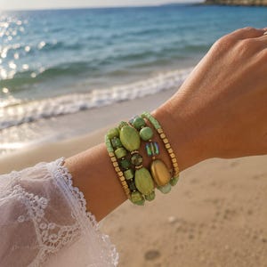 Green Beaded Bracelet Set, Boho Stack Bracelets, Natural Stone Style, Layered Stretch Bracelets, Gift for Her