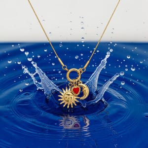 Sun Moon Charm Necklace, 14K Gold Plated Necklace, Celestial Jewelry, Gift for Her