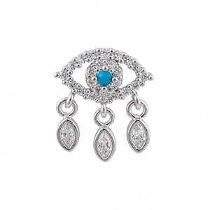 Evil Eye Cartilage Piercing, Dangle Turquoise Helix Stud Flat Back Earring for Conch Tragus, Silver Protection Labret Jewelry Marquise Charm