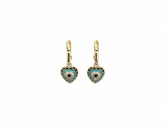 Xuping 18K Gold Plated Evil Eye Heart Earrings, Stainless Steel Dangle Earrings, Blue Heart Charm Earrings, Gift for