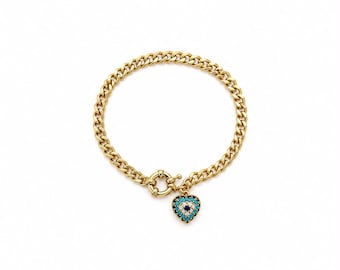 Xuping 18K Gold Plated Evil Eye Heart Charm Bracelet, Stainless Steel Chain Bracelet, Layered Gold Bracelet Gift for Her