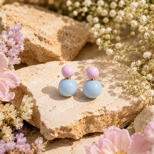 Pastel Double Ball Stud Earrings, Pink Blue Earrings, 18K Gold Plated Steel Earrings, Minimal Candy Color Jewelry, Gift for Her