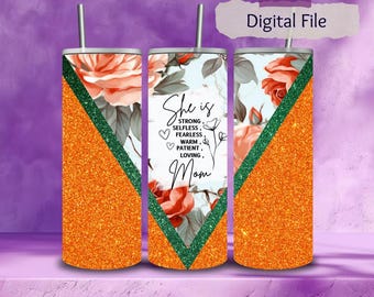 Orange Floral Tumbler Wrap PNG | 20oz Skinny Sublimation Design | Mom Quote Wrap | Glitter Digital Download