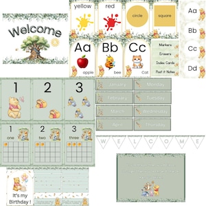 May include: A collection of educational printables featuring Winnie the Pooh. Includes alphabet cards, number cards, color and shape cards, calendar elements, and a "Welcome" banner. The color scheme is soft green and cream.