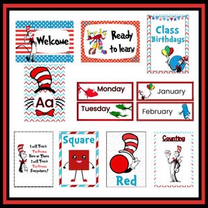 May include: A collection of educational posters featuring Dr. Seuss-inspired illustrations. The posters include words like "Welcome," "Ready to Learn," and "Class Birthdays." Other posters display the alphabet, shapes, and counting concepts.