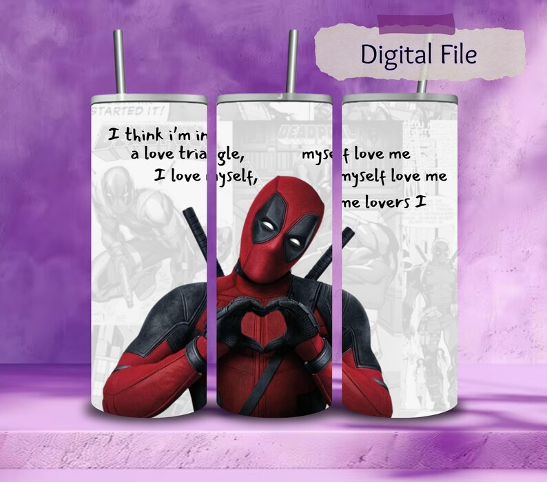 May include: A set of three stainless steel tumblers with a Deadpool design. The tumblers feature the character in a red and black suit, making a heart shape with his hands. Text on the tumblers reads "I think I'm in a love triangle, I love myself, myself love me, me lovers I."
