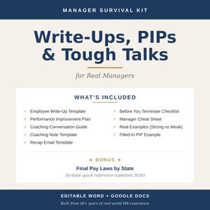 May include: A digital product titled "Manager Survival Kit" with text: "Write-Ups, PIPs & Tough Talks for Real Managers." Includes templates, guides, and examples for HR professionals. Bonus: Final Pay Laws by State. Editable in Word and Google Docs.