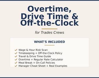 Wage and Hour Compliance Kit, Overtime Calculator + HR Templates Small Business, Trades & Construction, Editable Word, Excel, Google Docs