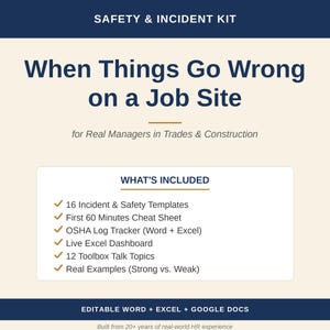 以下が含まれることがあります： 「When Things Go Wrong on a Job Site」というテキストが入ったデジタル安全・インシデントキット。16個のテンプレート、チートシート、OSHAログトラッカー、ライブExcelダッシュボード、ツールボックストークのトピック、実際の例が含まれています。Word、Excel、Google Docsで編集可能。