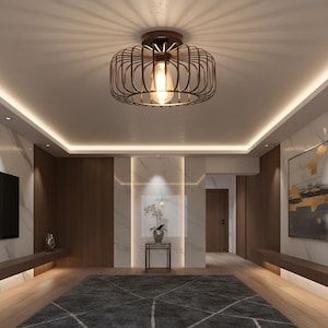 Op de afbeelding: Een bronzen plafondlamp in kooistijl met een enkele zichtbare gloeilamp. Het licht is gemonteerd op een bruin plafond en geeft een warme gloed. De armatuur is een decoratief element in een moderne binnenruimte.