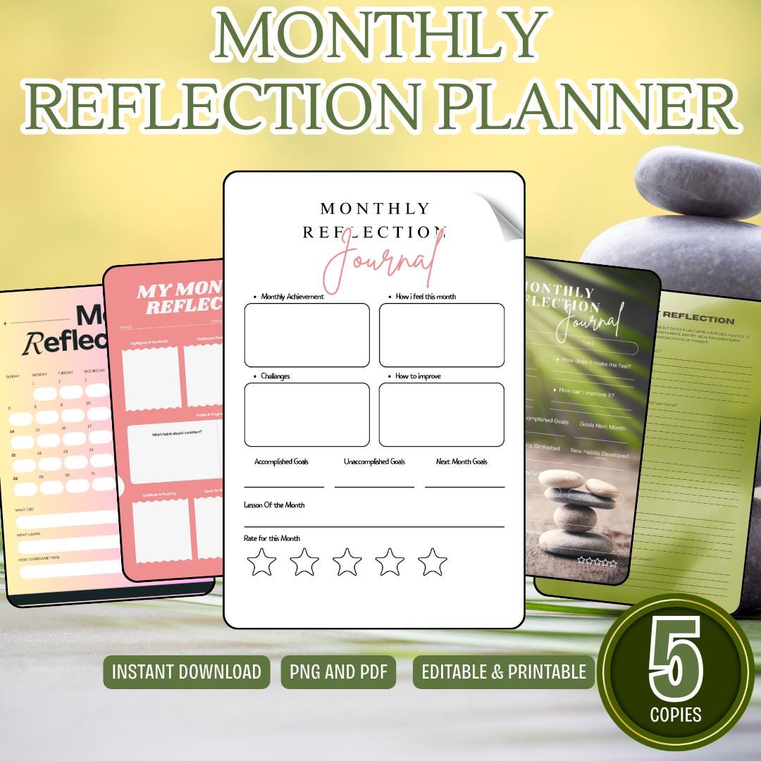 Monthly Reflection Planner Printable PDF PNG | Self Growth Journal ...