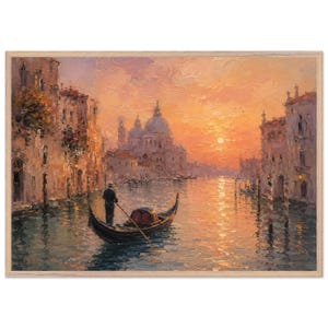 Peut inclure: Peinture à l'huile d'une scène de canal vénitien au coucher du soleil. Une gondole avec un passager et un gondolier flotte sur l'eau. Des bâtiments bordent le canal, et le ciel est rempli de teintes chaudes orange et jaune. L'œuvre est encadrée.