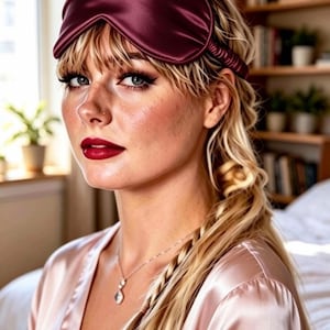 May include: A deep burgundy sleep mask with a smooth, satin-like finish and a matching elasticated strap. The mask features a contoured shape designed to cover the eyes, showcasing a rich, dark red color and a subtle sheen across the fabric surface.