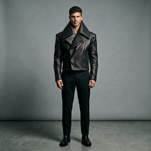 Blouson homme en cuir grainé noir avec col cheminée architectural