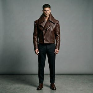 Blouson homme en cuir grainé marron avec col cheminée architectural