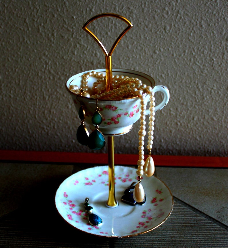 2 Tier Teacup Stand Jewelry Holder Cup & Saucer with Handle Etsy