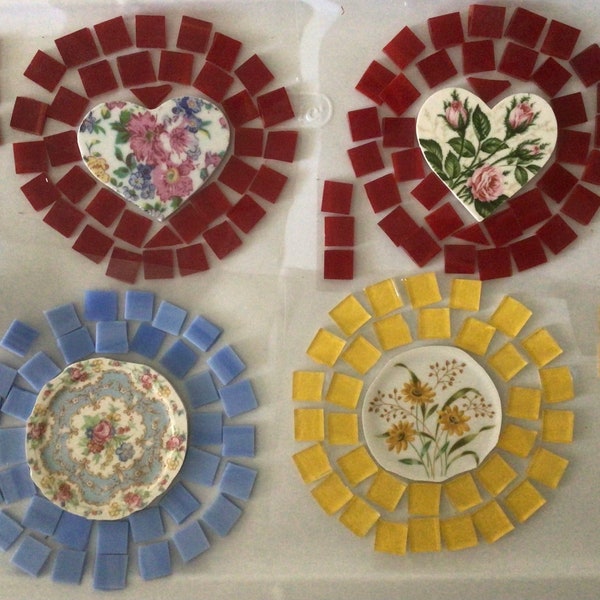 Mosaic Tiles 4 Floral Focals (2 Hearts 2 Round) with stained glass Broken China Loose Hand cut Plates Pretty Pique Assiette for Tesserae