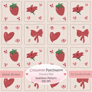 Puede incluir: Un patrón continuo con una cuadrícula de cuadrados con bordes punteados sobre un fondo beige claro. El diseño incluye fresas rojas, lazos rojos, corazones rojos y pequeñas flores rosas. Texto: Coquette Patchwork Dreamy Red Seamless Pattern 300 DPI, Hand drawn, by IronforStudio.