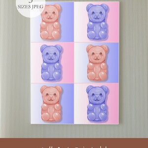 Peut inclure: Une affiche murale imprimable présentant une grille de six oursons en gélatine aux couleurs alternées rose et violet. Les oursons sont disposés en deux colonnes et trois rangées sur un fond bicolore. Un badge circulaire indique 5 SIZES JPEG.