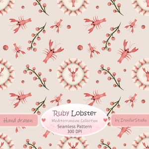 May include: A seamless pattern featuring watercolor illustrations of red lobsters, berries, and decorative plates on a light beige background. The text "Ruby Lobster Mediterranean Collection" is included. The design is hand drawn.