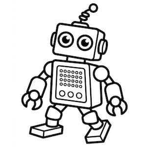 Könnte beinhalten: Eine schwarz-weiße Strichzeichnung eines Roboters mit quadratischem Kopf, großen kreisförmigen Augen und einer einzelnen Antenne mit einer kleinen Kugel an der Spitze. Der Roboter hat einen quadratischen Rumpf mit einem Gitter aus kleinen Kreisen.