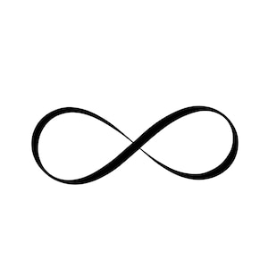 May include: A black infinity symbol graphic featuring a continuous, flowing line that forms two symmetrical loops joined at a central point. The design is rendered in a solid black color against a plain, solid white background, creating a clear contrast.