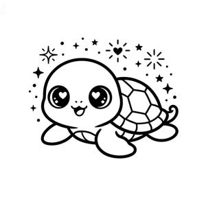 Puede incluir: Una ilustración de arte lineal en blanco y negro de una pequeña tortuga con ojos grandes que contienen formas de corazón. La tortuga está rodeada por varias estrellas pequeñas, puntos y un icono de corazón central, todo en un estilo gráfico.