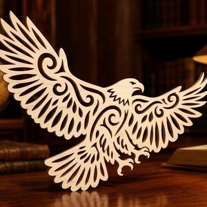 May include: A light-colored wooden cutout of an eagle in flight with intricate, swirling cut-out patterns throughout its wings, body, and tail feathers. The eagle is depicted with its wings fully spread, showcasing detailed, symmetrical, and decorative carvings.