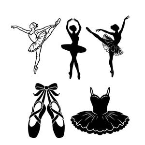 May include: A collection of black and white illustrations featuring three ballet dancers in various poses, a pair of pointe shoes with tied ribbons, and a classic ballet tutu with a layered skirt, all presented as distinct graphic elements.