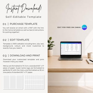 May include: An image with the text "Instant Download! Self-Editable Template." A laptop displays a template on a wooden desk. The text describes how to purchase, edit, and download the template. The Canva logo is visible.