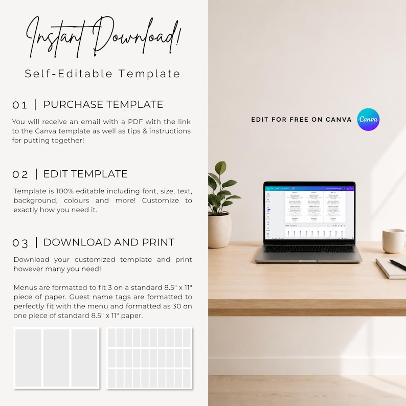May include: An image with the text "Instant Download! Self-Editable Template." A laptop displays a template on a wooden desk. The text describes how to purchase, edit, and download the template. The Canva logo is visible.