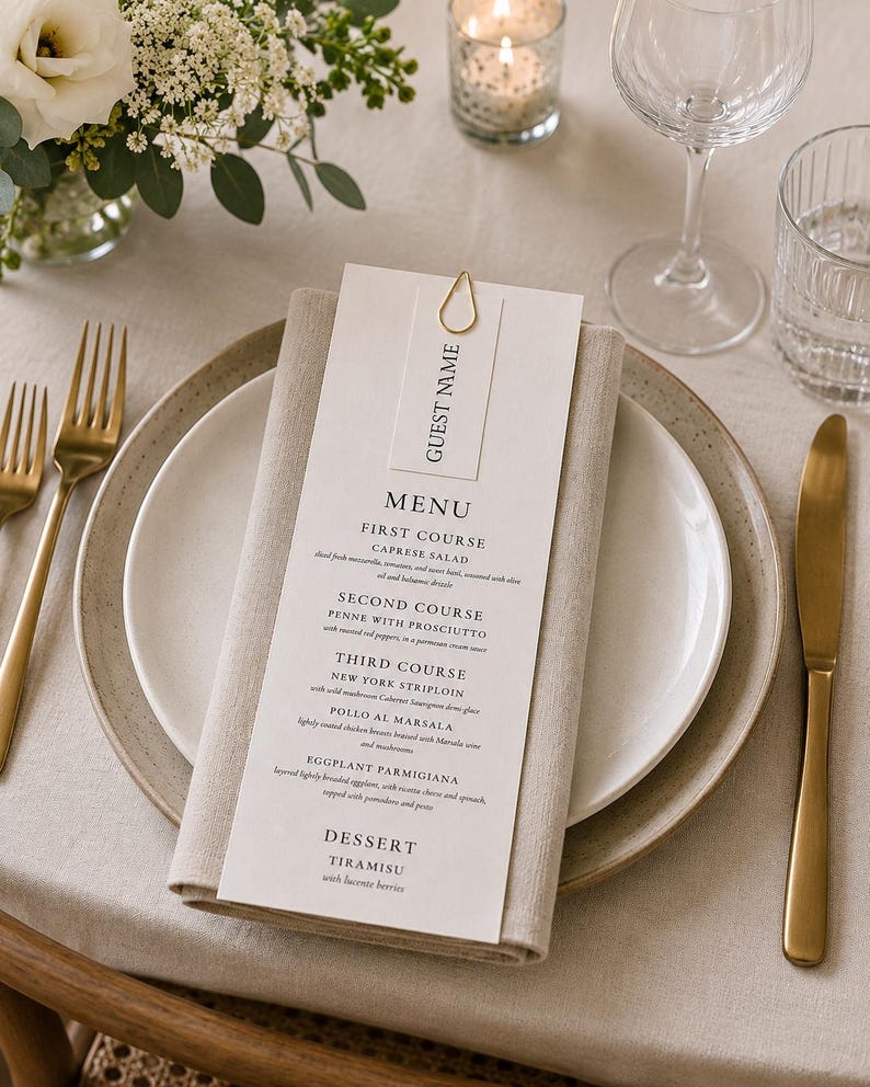 May include: Elegant table setting with a white plate, gold cutlery, and a folded linen napkin. A menu card with "GUEST NAME" and a detailed menu is held by a gold paper clip. A candle and flowers add to the ambiance.