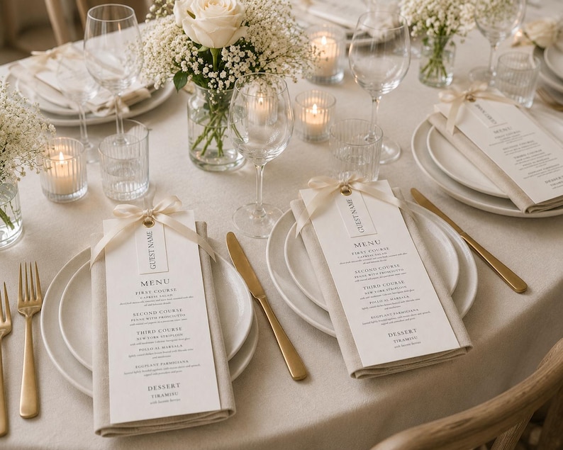 May include: Elegant table setting with white plates, gold cutlery, and menu cards. The table is decorated with white flowers, candles, and wine glasses. Each menu card is tied with a ribbon and includes a guest name tag.