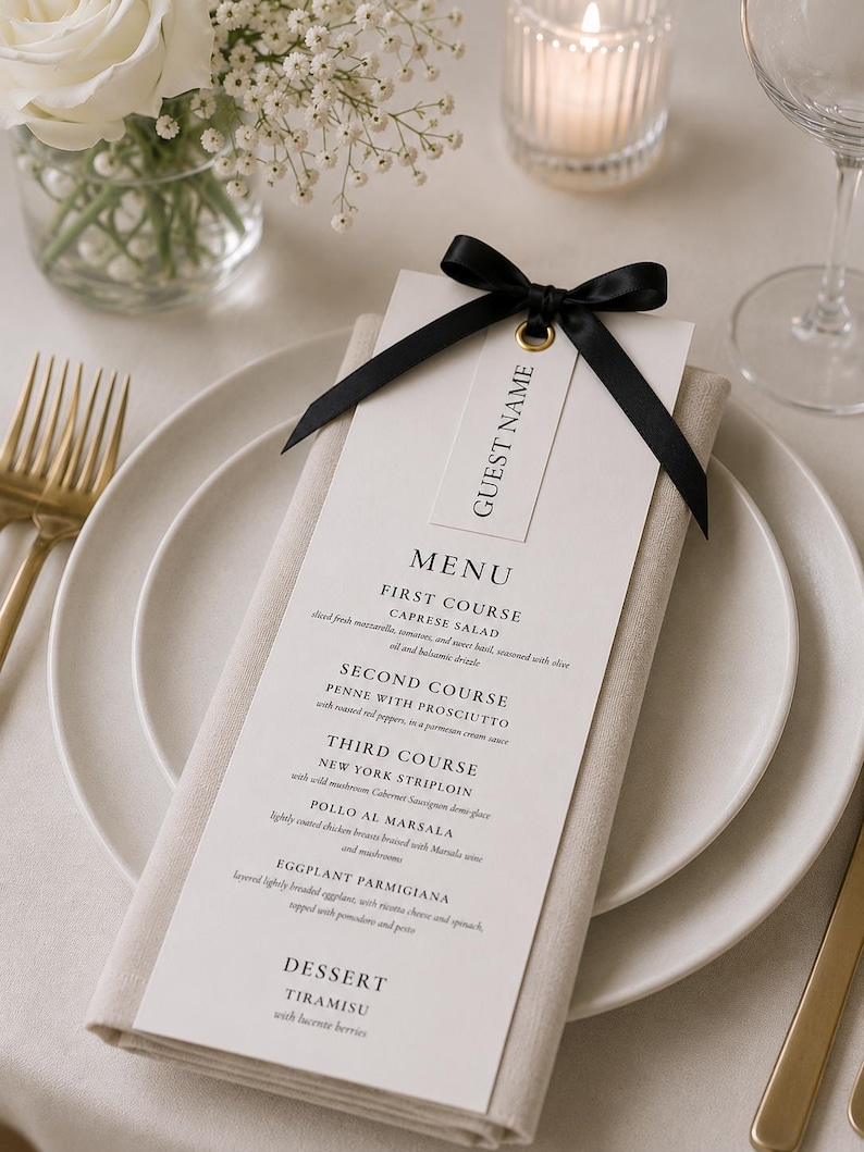 May include: A formal place setting with a menu card. The menu card is white with black text and a black ribbon. The menu lists courses such as Caprese Salad and New York Striploin. A gold fork and knife are visible.