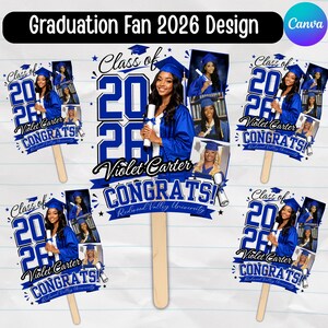 May include: Graduation fan design featuring a graduate in a blue cap and gown, with the text "Class of 2026", "Violet Carter", and "Congrats". The fan includes a wooden handle and photos.