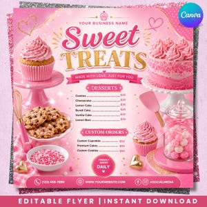 Könnte beinhalten: Eine rosa Flyer-Vorlage mit dem Text Sweet Treats, einer Dessert-Speisekarte mit Preisen sowie Illustrationen von Cupcakes, Kuchen, Keksen, einem Schneebesen und einem Bonbonglas. Das Design enthält goldene Herzakzente.