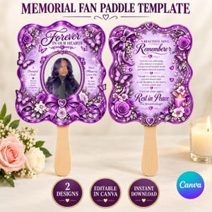 Pode incluir: Um modelo de leque memorial com dois designs roxos com detalhes florais, borboletas e laços. O lado esquerdo inclui uma moldura para foto, enquanto o lado direito exibe texto incluindo "A Beautiful Soul Rememberer" e "Rest in Peace."