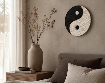 Teksturowany obraz Yin Yang, czarno-białe dzieło sztuki medytacyjnej, styl zen boho
