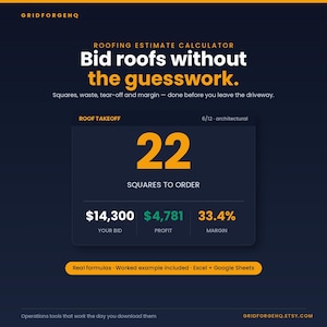 May include: A digital roofing estimate calculator interface with a dark blue background and yellow text. It displays the text Bid roofs without the guesswork, 22 squares to order, a bid of $14,300, a profit of $4,781, and a 33.4% margin for contractors.