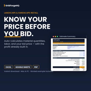Op de afbeelding: Een donkerblauwe digitale afbeelding voor GridForgeHQ landschaps- en hardscape-installatiesoftware. Het bevat de tekst KNOW YOUR PRICE BEFORE YOU BID, een venster met een schattingssamenvatting en iconen voor Excel, Google Sheets en PDF-bestanden.