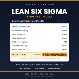 May include: A Lean Six Sigma template toolkit graphic featuring a list of seven frameworks including DMAIC Project Charter, A3 Problem Solving, SIPOC Diagram, FMEA Risk Matrix, Fishbone + 5 Whys, Value Stream Map, and Kaizen Event Kit in Excel, Word, and PDF formats.