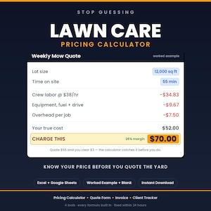 May include: A digital lawn care pricing calculator template featuring a weekly mow quote table. The interface displays fields for lot size, time on site, crew labor, equipment, fuel, drive, overhead, true cost, and a final charge amount of $70.00.