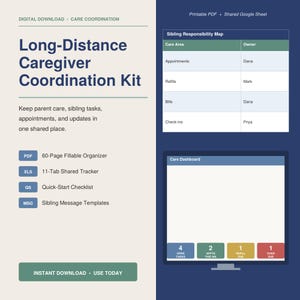 May include: A digital Long-Distance Caregiver Coordination Kit featuring a 60-page fillable PDF organizer, an 11-tab shared Google Sheet tracker, a quick-start checklist, and sibling message templates. Includes a Sibling Responsibility Map and a Care Dashboard.